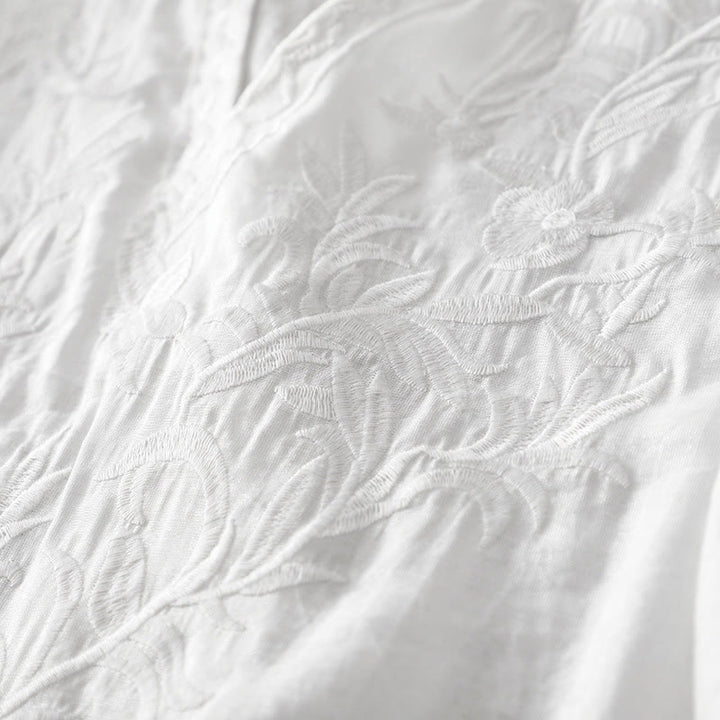 Buddha Stones Summer White Pure Color Embroidery Leaf Flower V-Neck Short Sleeve Midi Dress With Pockets - image 6