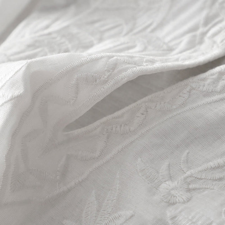 Buddha Stones Summer White Pure Color Embroidery Leaf Flower V-Neck Short Sleeve Midi Dress With Pockets - image 8