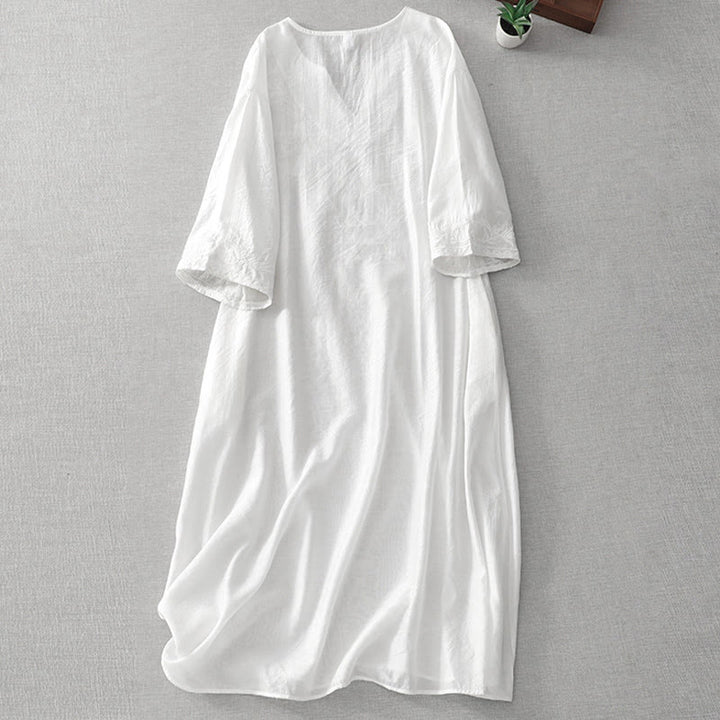 Buddha Stones Summer White Pure Color Embroidery Leaf Flower V-Neck Short Sleeve Midi Dress With Pockets - image 2