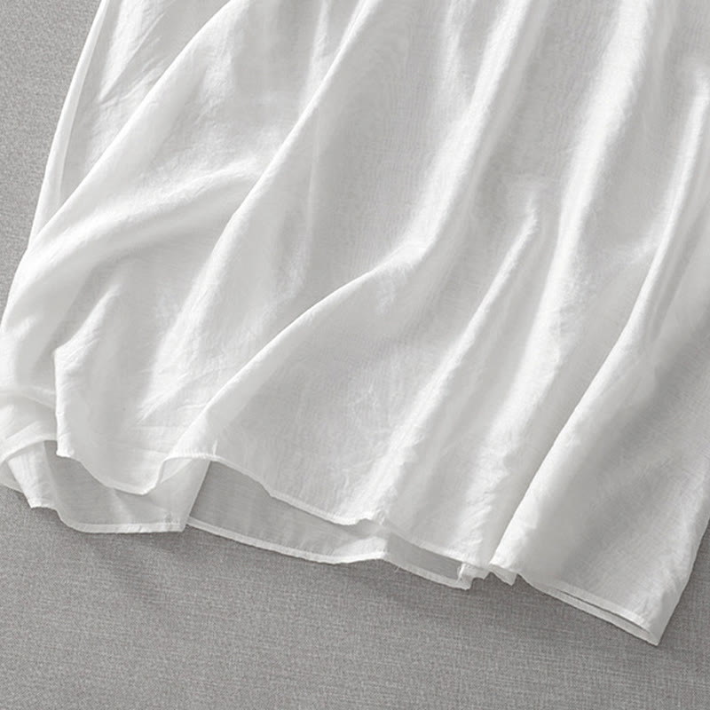 Buddha Stones Summer White Pure Color Embroidery Leaf Flower V-Neck Short Sleeve Midi Dress With Pockets - image 12