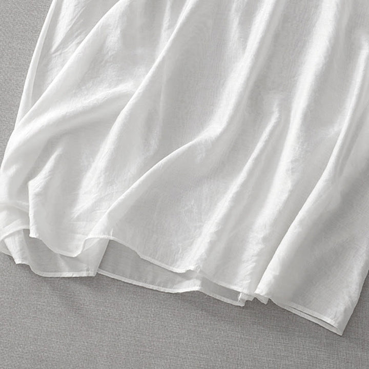 Buddha Stones Summer White Pure Color Embroidery Leaf Flower V-Neck Short Sleeve Midi Dress With Pockets - image 12