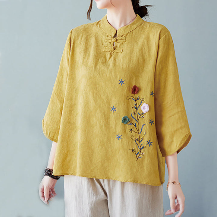 Buddha Stones Vintage Summer Stereoscopic Flower Embroidery Three Quarter Sleeve Frog-Button Cotton Linen Women's Shirt - image 1