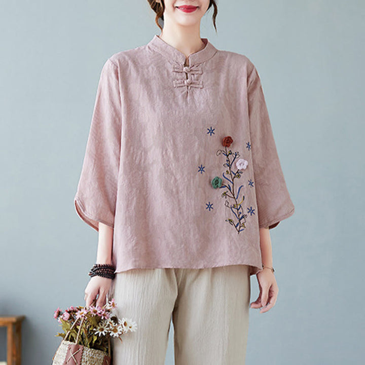 Buddha Stones Vintage Summer Stereoscopic Flower Embroidery Three Quarter Sleeve Frog-Button Cotton Linen Women's Shirt - LightPink - US12,UK/AU16,EU44 (3XL) - image 5