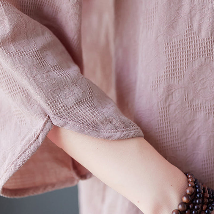 Buddha Stones Vintage Summer Stereoscopic Flower Embroidery Three Quarter Sleeve Frog-Button Cotton Linen Women's Shirt - image 12