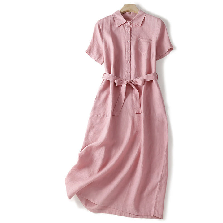 Buddha Stones Summer Lace-up Plain Short Sleeve Cotton Midi Dress With Pockets