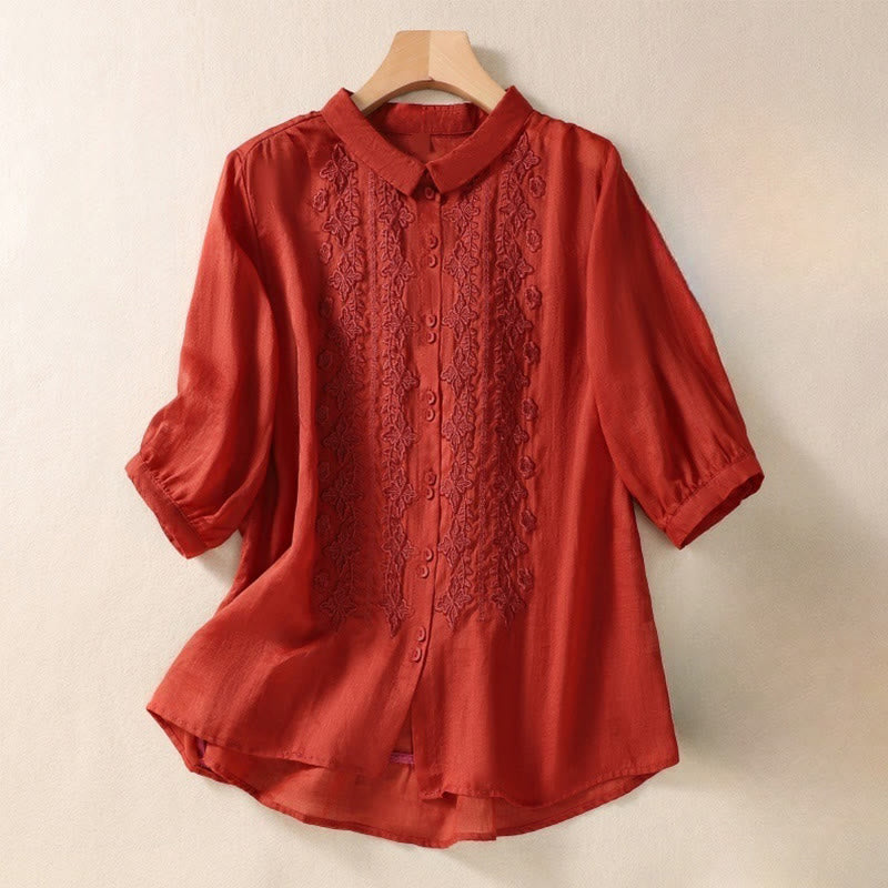 Buddha Stones Summer Plain Button Embroidery Flower Pattern Three Quarter Sleeve Lapel Cotton Linen Women's Shirt - Red - US12,UK/AU16,EU44 (2XL) - image 19
