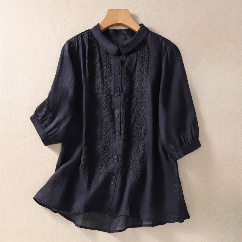 Buddha Stones Summer Plain Button Embroidery Flower Pattern Three Quarter Sleeve Lapel Cotton Linen Women's Shirt - Black - US12,UK/AU16,EU44 (2XL) - image 26