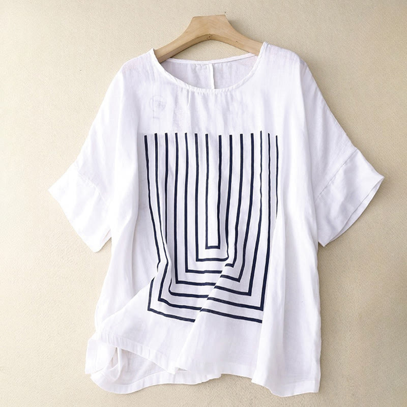Buddha Stones Casual Line Printing Pattern Short Sleeve Cotton Linen Women's T-Shirt - White - US12,UK/AU16,EU44 (2XL) - image 12
