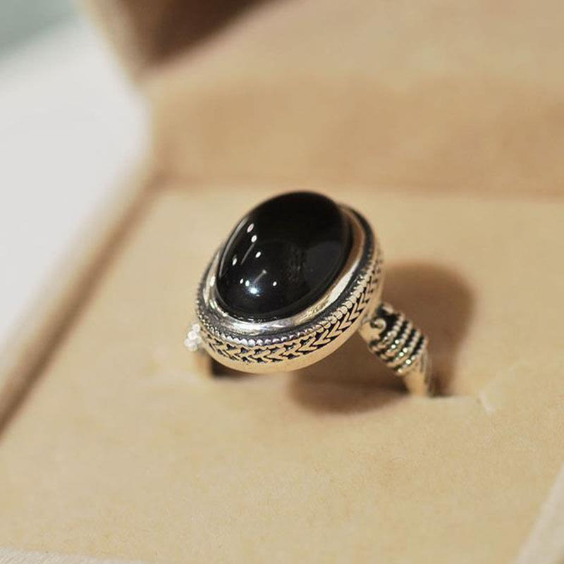 Buddha Stones Natural Black Onyx Adjustable Protection Ring