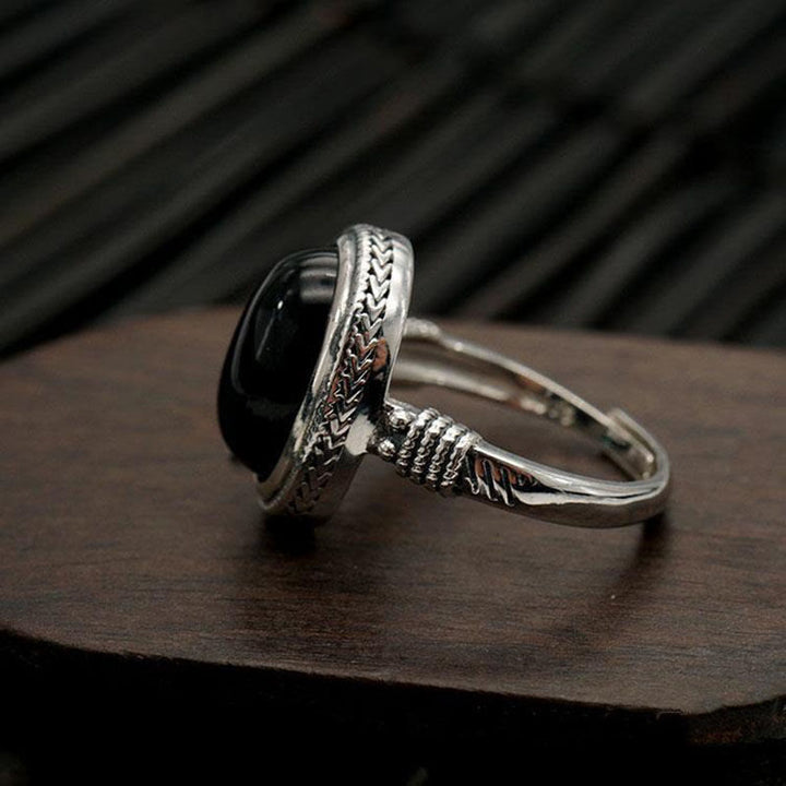 Buddha Stones Natural Black Onyx Adjustable Protection Ring