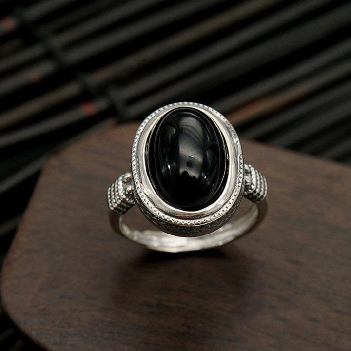 Buddha Stones Natural Black Onyx Adjustable Protection Ring