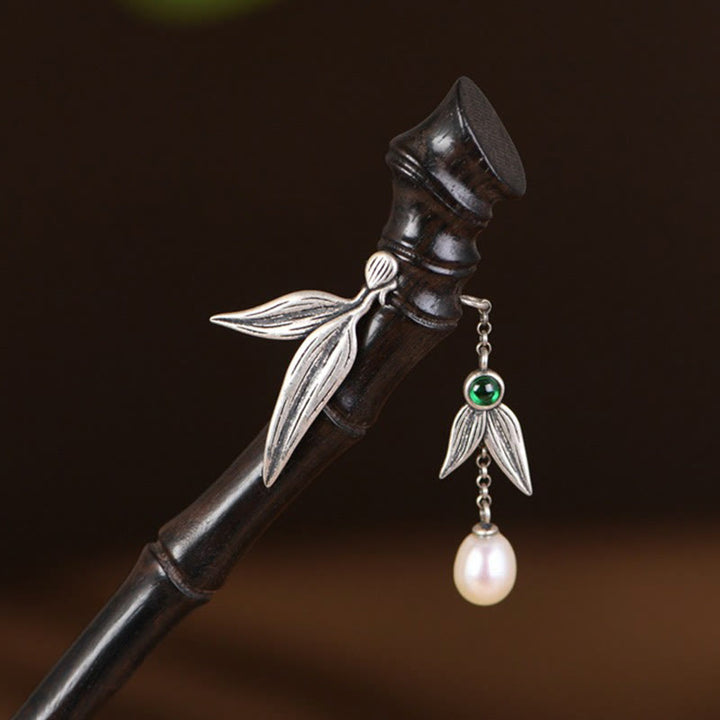 Buddha Stones 925 Sterling Silver Red Sandalwood Ebony Bamboo Power Hairpin