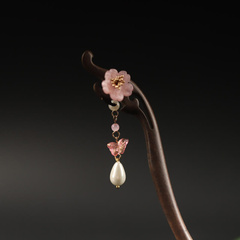 Buddha Stones Ebony Flower Butterfly Blessing Hairpin
