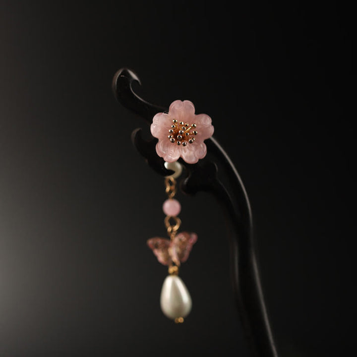 Buddha Stones Ebony Flower Butterfly Blessing Hairpin