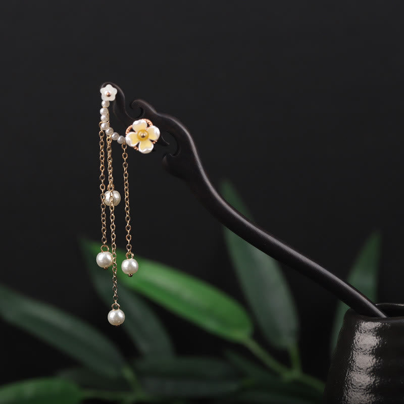 Buddha Stones Ebony Shell Flower Pearl Tassel Blessing Hairpin