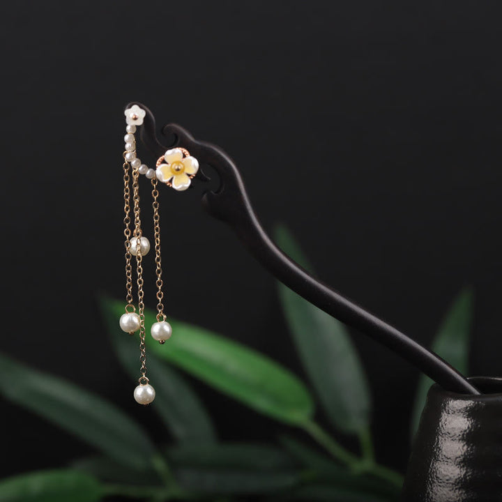 Buddha Stones Ebony Shell Flower Pearl Tassel Blessing Hairpin