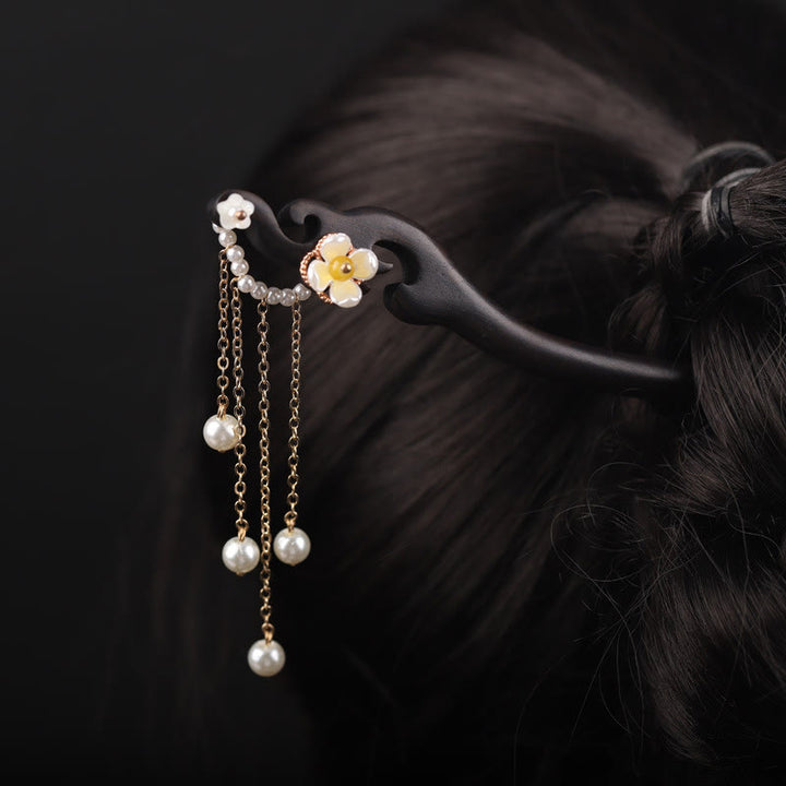Buddha Stones Ebony Shell Flower Pearl Tassel Blessing Hairpin