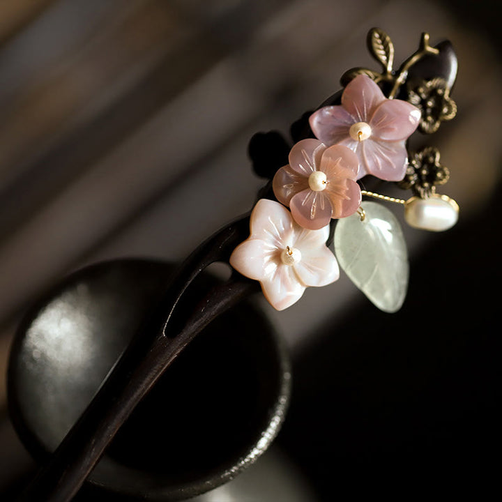 Buddha Stones Ebony Shell Flower Leaves Blessing Hairpin