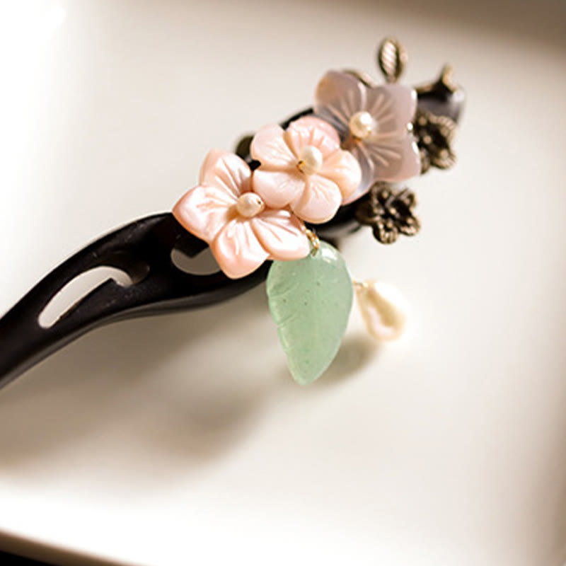 Buddha Stones Ebony Shell Flower Leaves Blessing Hairpin