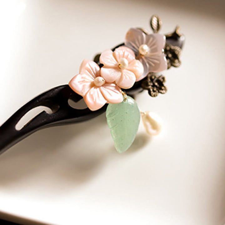 Buddha Stones Ebony Shell Flower Leaves Blessing Hairpin