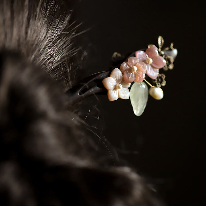 Buddha Stones Ebony Shell Flower Leaves Blessing Hairpin