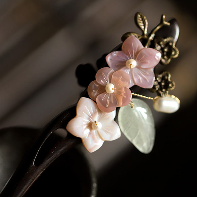 Buddha Stones Ebony Shell Flower Leaves Blessing Hairpin