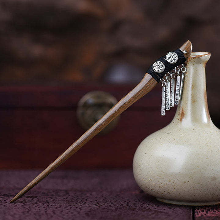 Buddha Stones Silver Tassel Green Sandalwood Soothing Hairpin