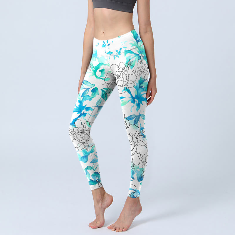 Buddha Stones Blue Watercolor Peony Flowers Lines Pattern Print Gym Leggings Women's Yoga Pants - AliceBlue - US18,UK/AU22,EU50 (4XL) - image 1