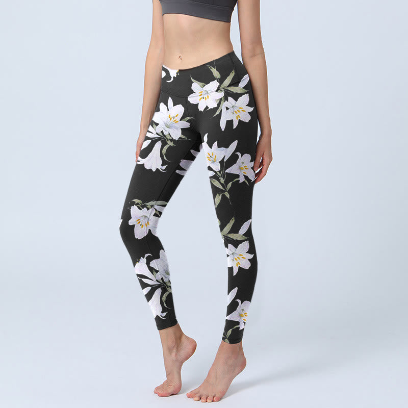 Buddha Stones Black Lily Flower Leaf Pattern Print Gym Leggings Women's Yoga Pants - Black - US18,UK/AU22,EU50 (4XL) - image 1