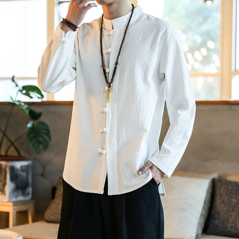 Buddha Stones Casual Stand Collar Frog-Button Long Sleeve Tang Suit Linen Men's Shirt - White - US/UK/AU46,EU56 (5XL) - image 0