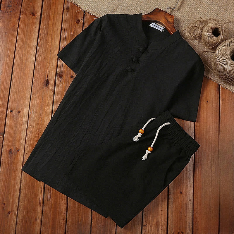 Buddha Stones 2Pcs Solid Color Frog-Button Tang Suit Cotton Linen Short Sleeve Pants Clothing Men's Set - Black - US/UK/AU46,EU56 (5XL) - image 1