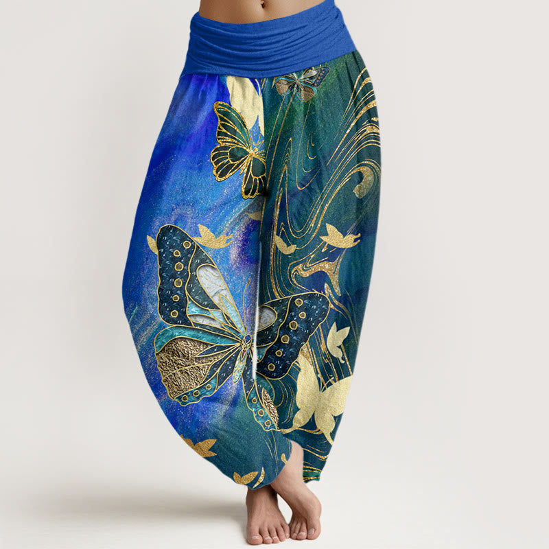 Buddha Stones Casual Butterfly Gold Line Pattern Women's Elastic Waist Harem Pants - Blue - US22,UK/AU26,EU54 (6XL) - image 8