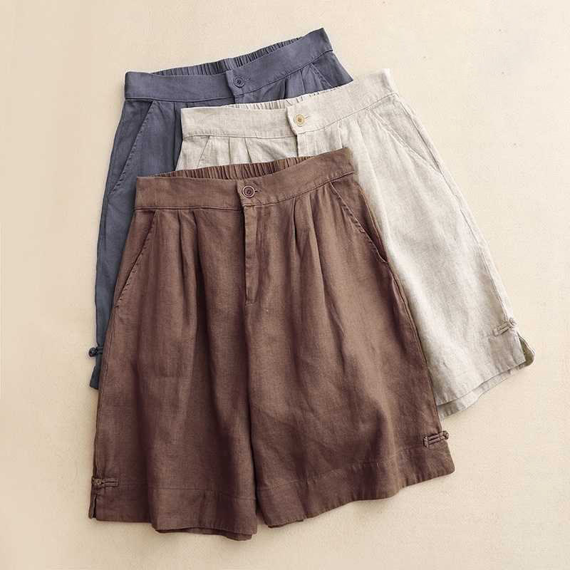 Buddha Stones Summer Casual Solid Color Zipper Button Acrylic Fiber Frog Button Women's Shorts With Pockets