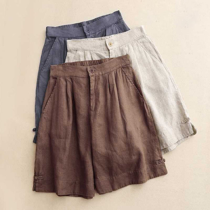 Buddha Stones Summer Casual Solid Color Zipper Button Acrylic Fiber Frog Button Women's Shorts With Pockets