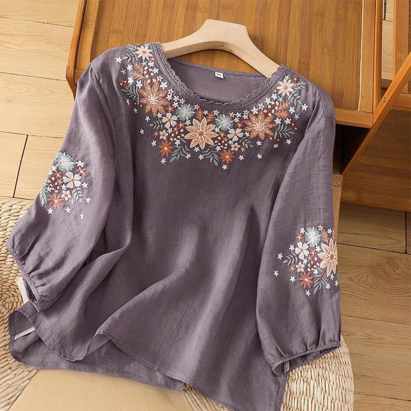 Buddha Stones Casual Flower Leaf Embroidery Women's Crew Neck Design Three Quarter Sleeve Cotton Linen T-shirt - MediumPurple - US12,UK/AU16,EU44 (3XL) - image 0