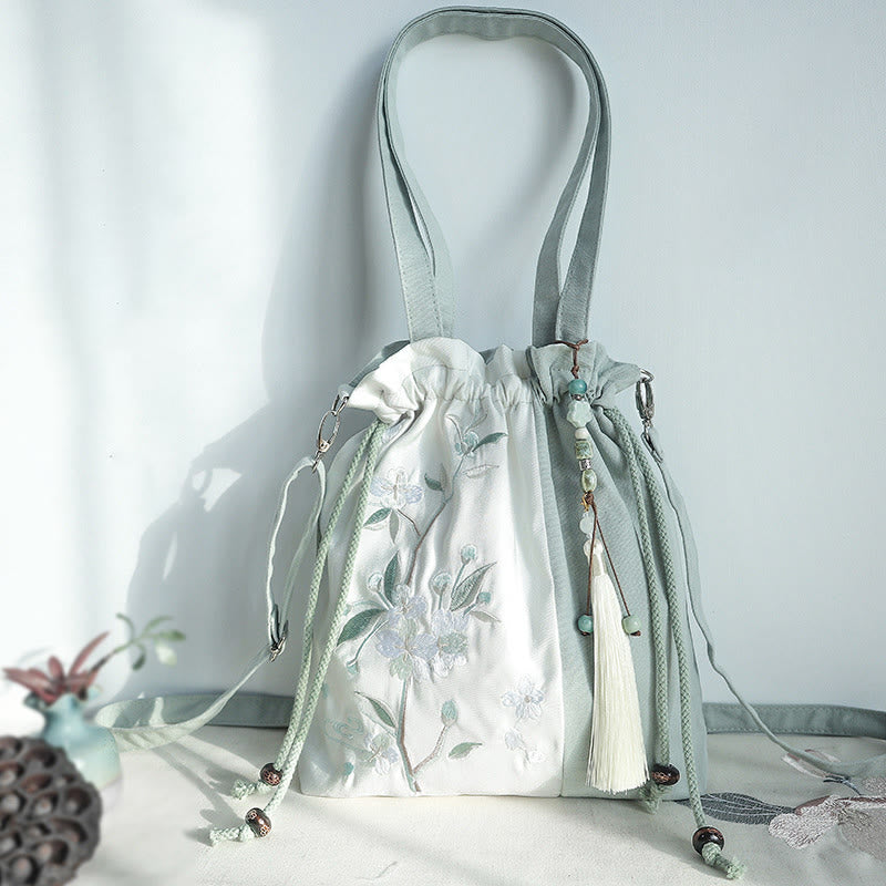 Buddha Stones Embroidered Green Pear Blue Epiphyllum Canvas Tote Crossbody Bag Shoulder Bag Handbag