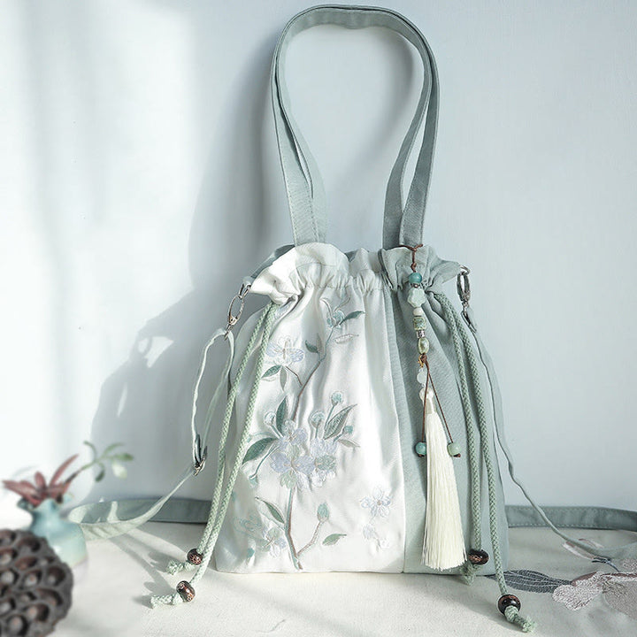 Buddha Stones Embroidered Green Pear Blue Epiphyllum Canvas Tote Crossbody Bag Shoulder Bag Handbag