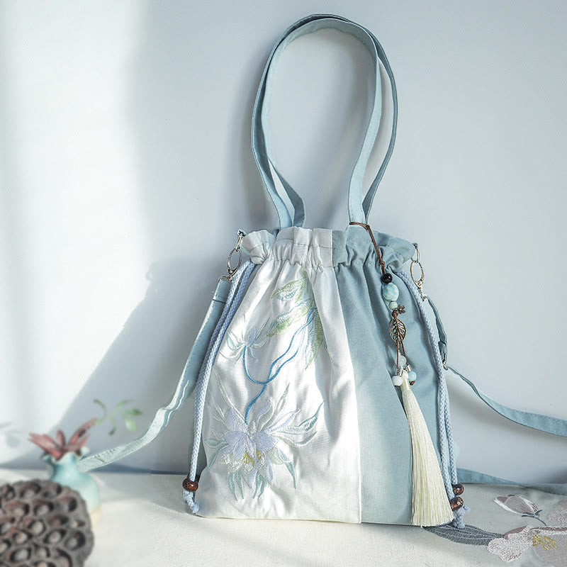 Buddha Stones Embroidered Green Pear Blue Epiphyllum Canvas Tote Crossbody Bag Shoulder Bag Handbag