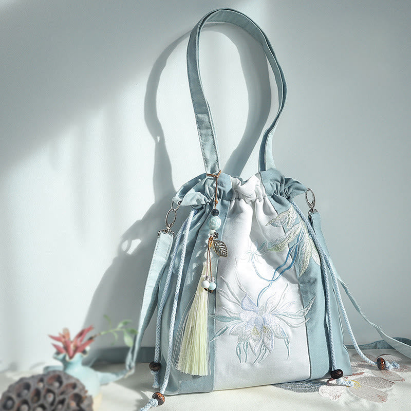 Buddha Stones Embroidered Green Pear Blue Epiphyllum Canvas Tote Crossbody Bag Shoulder Bag Handbag