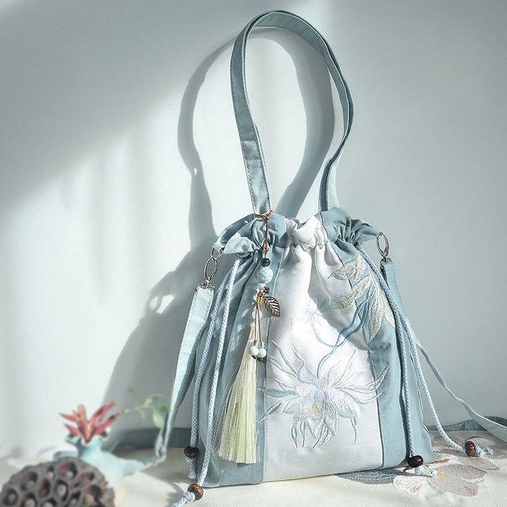 Buddha Stones Embroidered Green Pear Blue Epiphyllum Canvas Tote Crossbody Bag Shoulder Bag Handbag