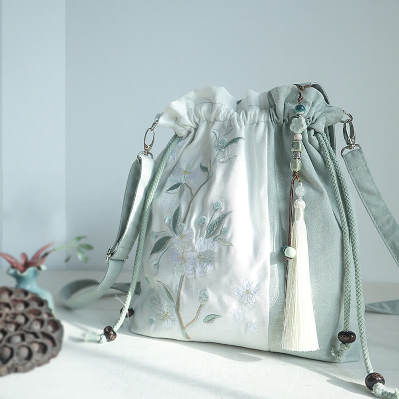 Buddha Stones Embroidered Green Pear Blue Epiphyllum Canvas Tote Crossbody Bag Shoulder Bag Handbag