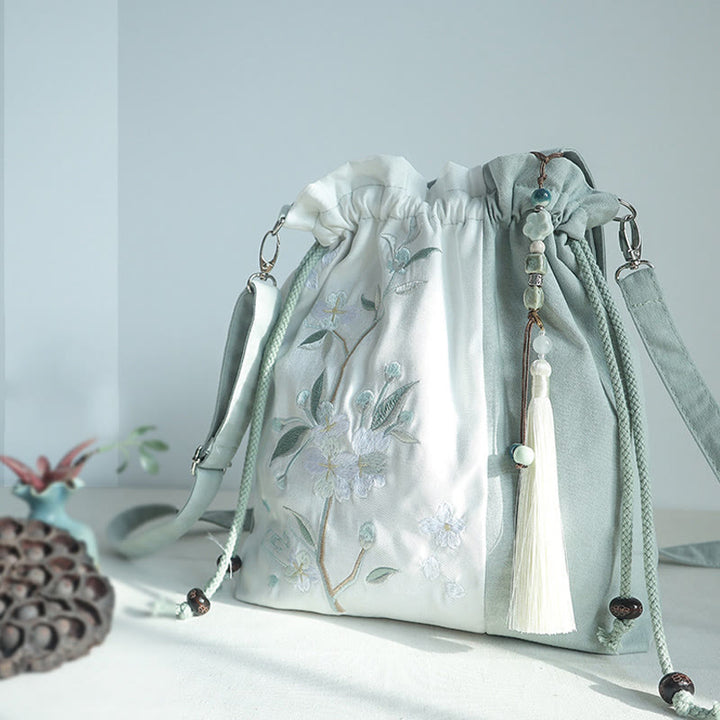 Buddha Stones Embroidered Green Pear Blue Epiphyllum Canvas Tote Crossbody Bag Shoulder Bag Handbag