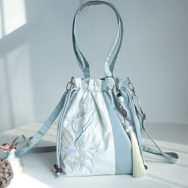 Buddha Stones Embroidered Green Pear Blue Epiphyllum Canvas Tote Crossbody Bag Shoulder Bag Handbag