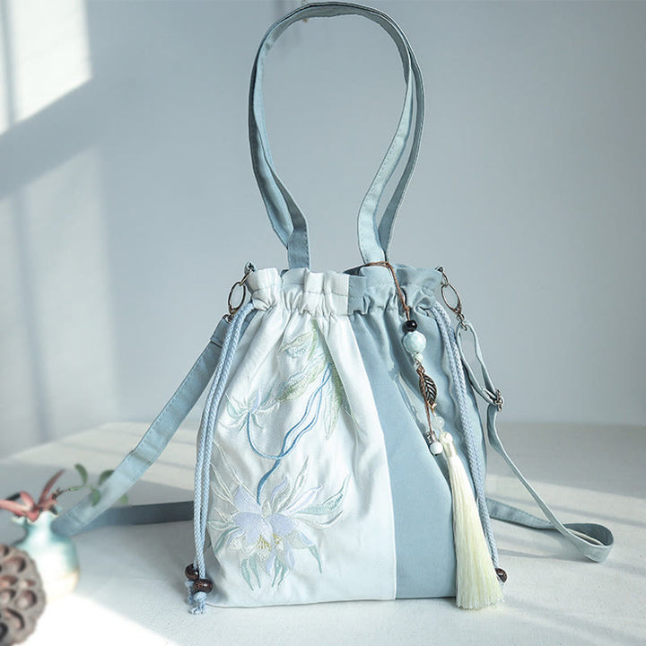 Buddha Stones Embroidered Green Pear Blue Epiphyllum Canvas Tote Crossbody Bag Shoulder Bag Handbag