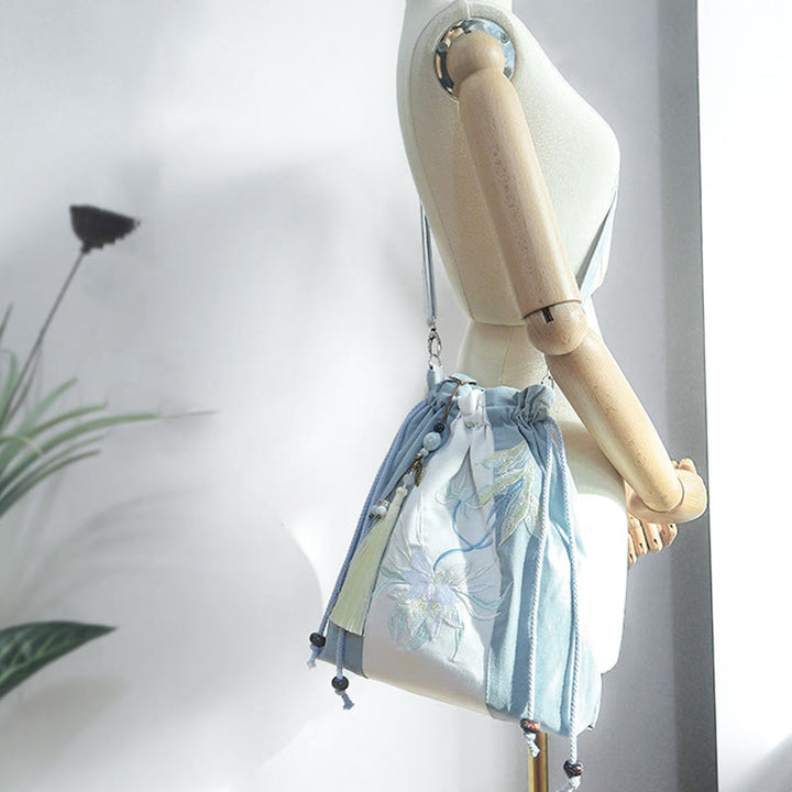 Buddha Stones Embroidered Green Pear Blue Epiphyllum Canvas Tote Crossbody Bag Shoulder Bag Handbag