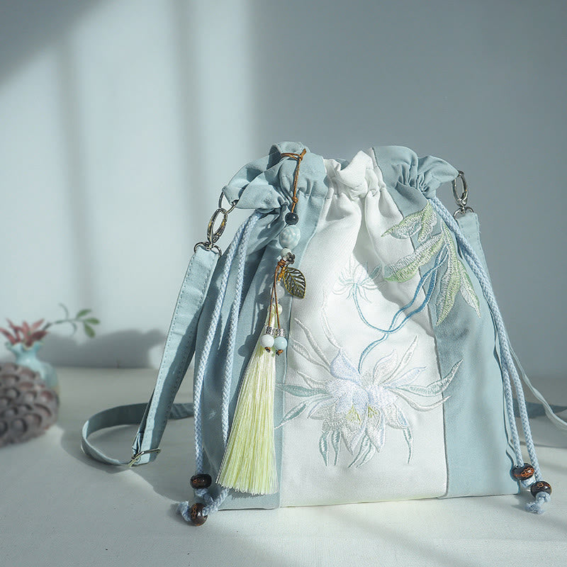 Buddha Stones Embroidered Green Pear Blue Epiphyllum Canvas Tote Crossbody Bag Shoulder Bag Handbag