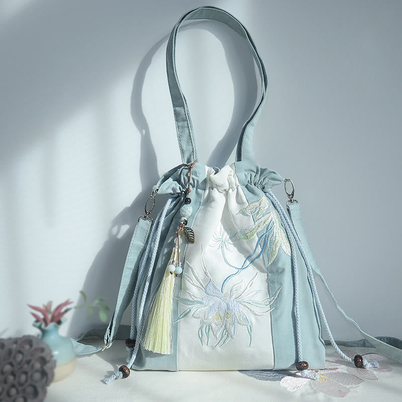 Buddha Stones Embroidered Green Pear Blue Epiphyllum Canvas Tote Crossbody Bag Shoulder Bag Handbag