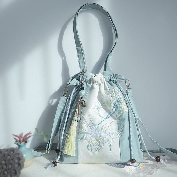 Buddha Stones Embroidered Green Pear Blue Epiphyllum Canvas Tote Crossbody Bag Shoulder Bag Handbag