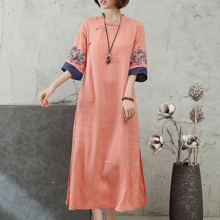 Buddha Stones Embroidery Frog-Button Half Sleeve Cotton Linen Women's Midi Dress - LightSalmon - US14,UK/AU18,EU46 (4XL) - image 0