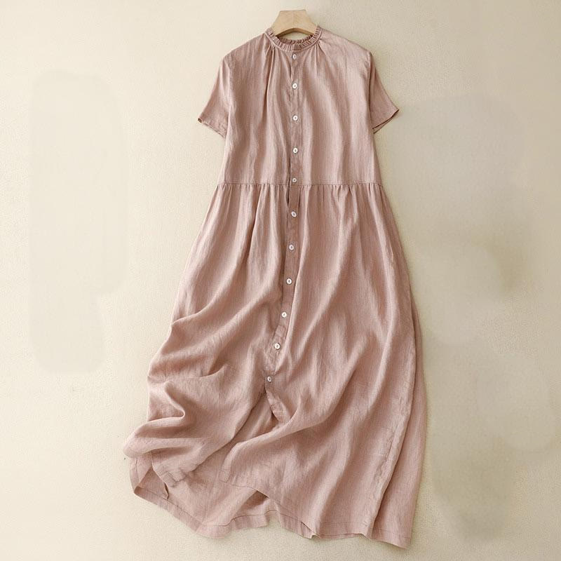 Buddha Stones Casual Plain Button Crew Ruffle Neck Short Sleeve Cotton Linen Women's Midi Dress - LightPink - US8-10,UK/AU12-14,EU40-42 (2XL) - image 15